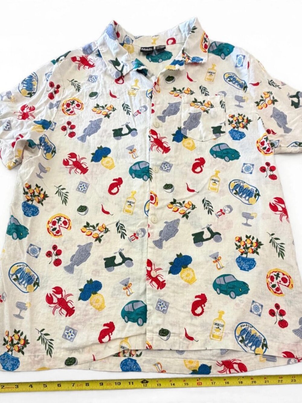 Mad Engine Camp Shirt Mens XXL Italian Print Lobster Pizza Linen Vacation